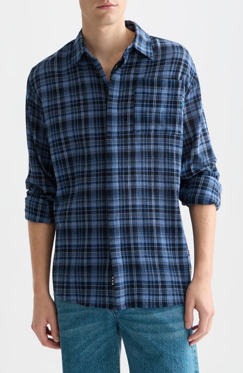 Scotch & Soda Lightweight Plaid Cotton Flannel Button-Up Shirt, Main, color, Pageant Blue Check