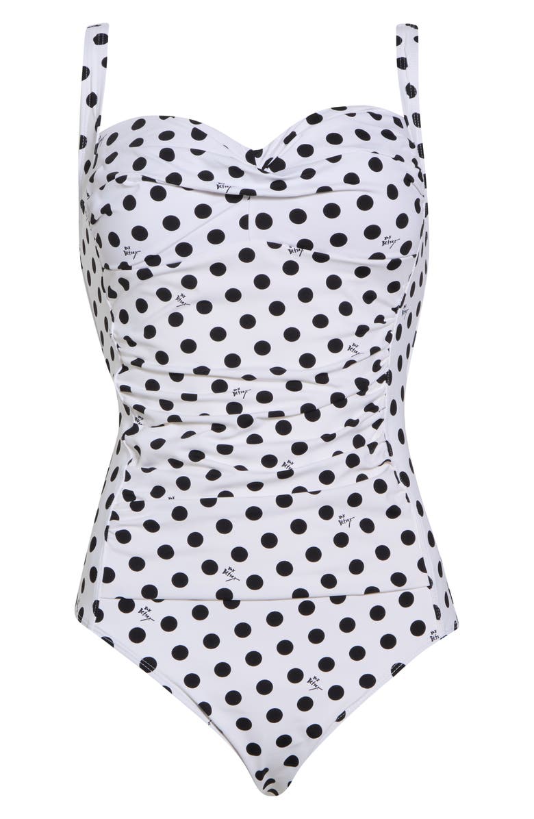 Betsey Johnson Sweetheart Ruched One-Piece Swimsuit, Main, color, White/ Black Dot