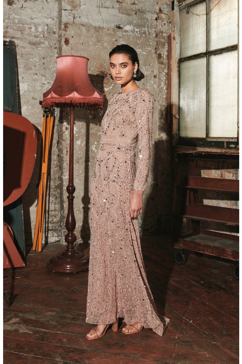 Modest Embellished Sequin Beaded Dress Maxi in Blush, Alternate, color, RUST