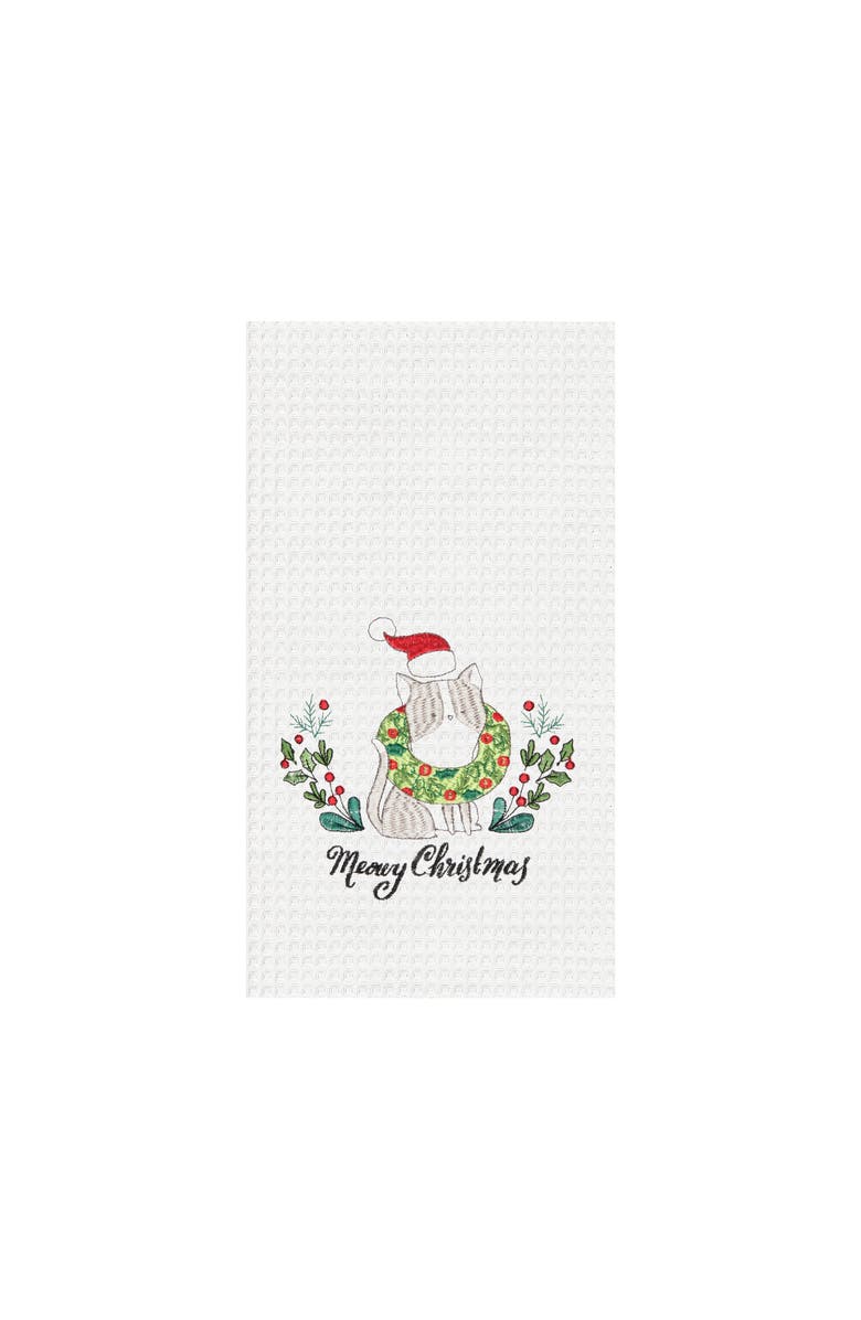 C&F Home "Meowy Christmas" Santa Hat Cat Embroidered 100% Cotton Waffle Weave Dishtowel, Main, color, White