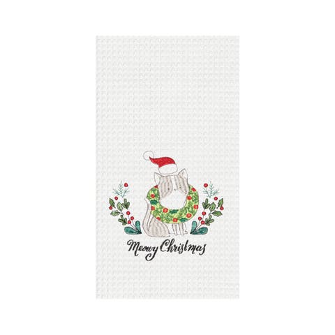 "Meowy Christmas" Santa Hat Cat Embroidered 100% Cotton Waffle Weave Dishtowel
