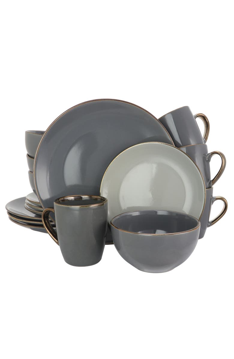 Elama Tahitian Grand 16 Piece Stoneware Dinnerware Set, Main, color, Grey