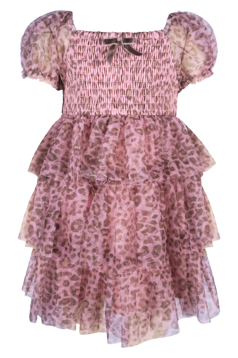 Animal Print Puff Sleeve Smocked Bodice Tiered Mesh Party Dress, Main, color, PINK/ BROWN