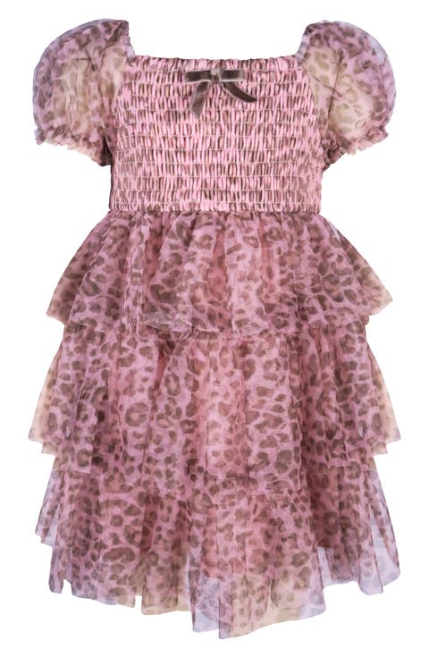 Animal Print Puff Sleeve Smocked Bodice Tiered Mesh Party Dress (Baby)