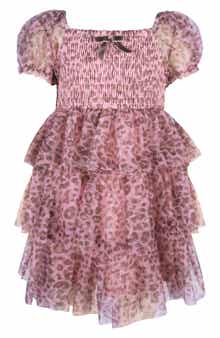 Zunie Animal Print Puff Sleeve Smocked Bodice Tiered Mesh Party Dress
