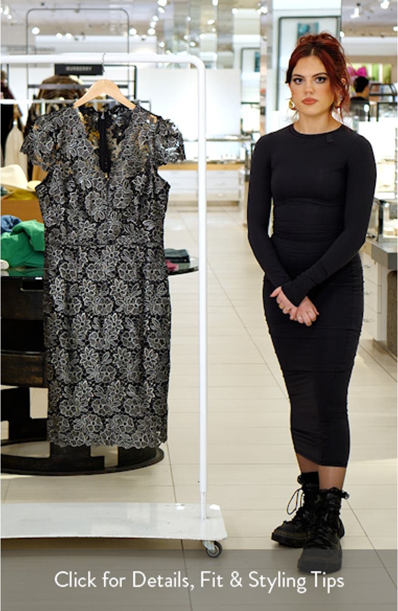 Metallic Floral Lace Sheath Dress, sales video thumbnail