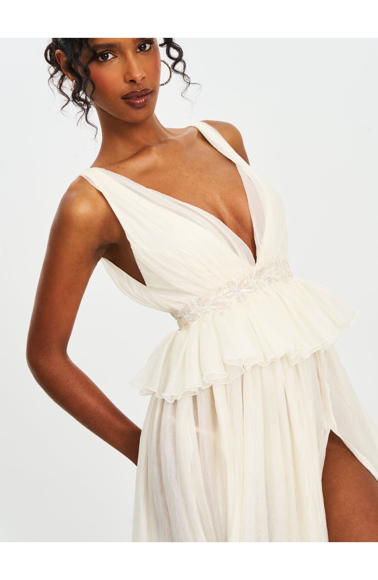 Miss Circle Calleigh Flare Beaded Belt Maxi Gown, Alternate, color, Silver-Shiny Off-White