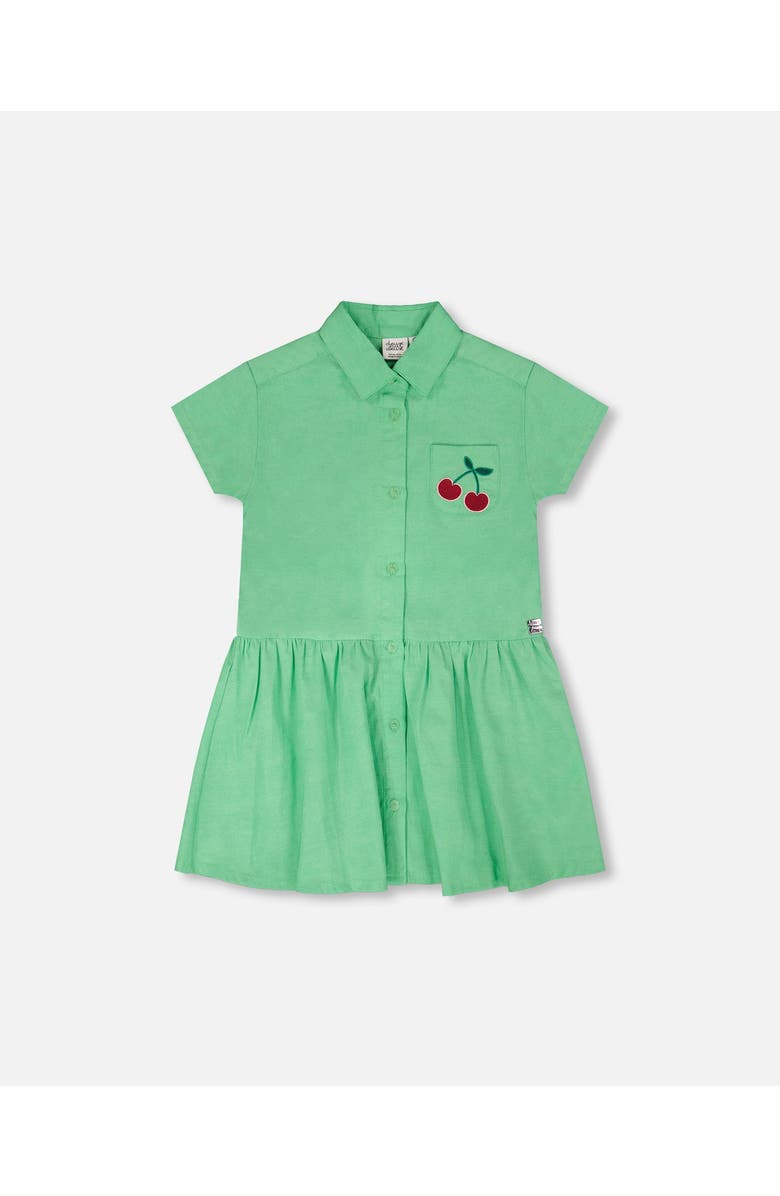Deux par Deux Embroidery Cotton Short Sleeve Shirt Dress, Main, color, Green