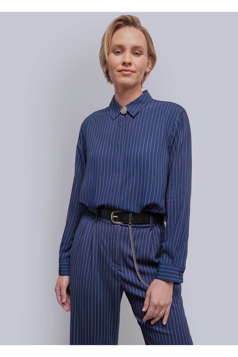 The Empower Long Sleeve Button Up, Main, color, PINSTRIPE NAVY/OAT