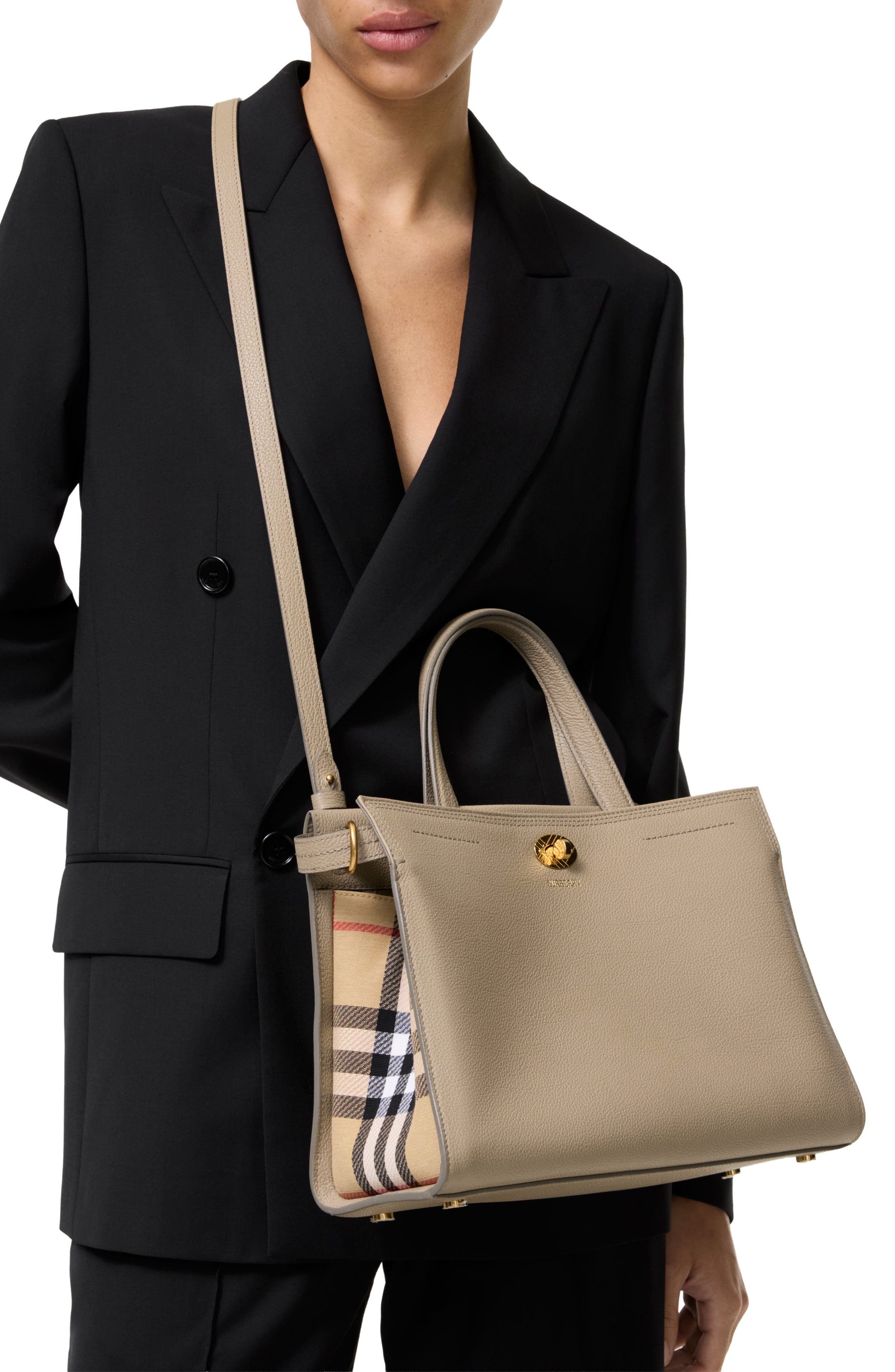 Small Cotswolds Leather & Check Canvas Tote, Alternate, color, MUSHROOM