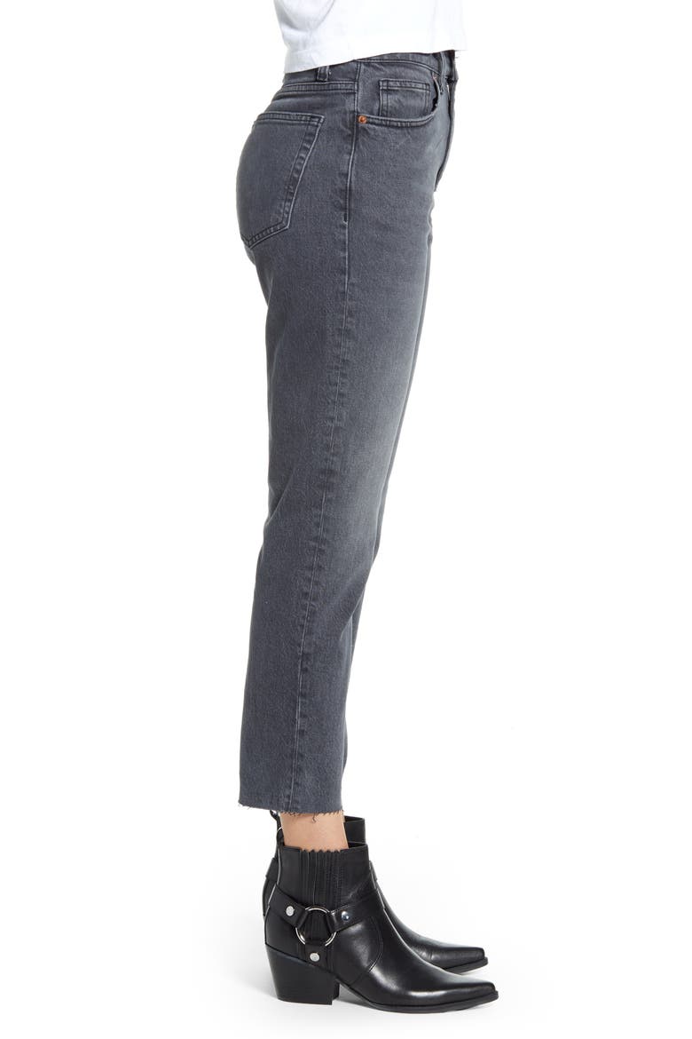 High Waist Raw Hem Straight Jeans, Alternate, color, WASHED BLACK