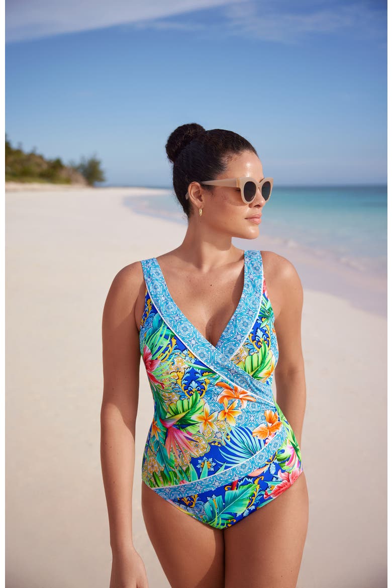 Pide Side Shirred Surplice Long Torso One-Piece Swimsuit, Alternate, color, Boca Raton
