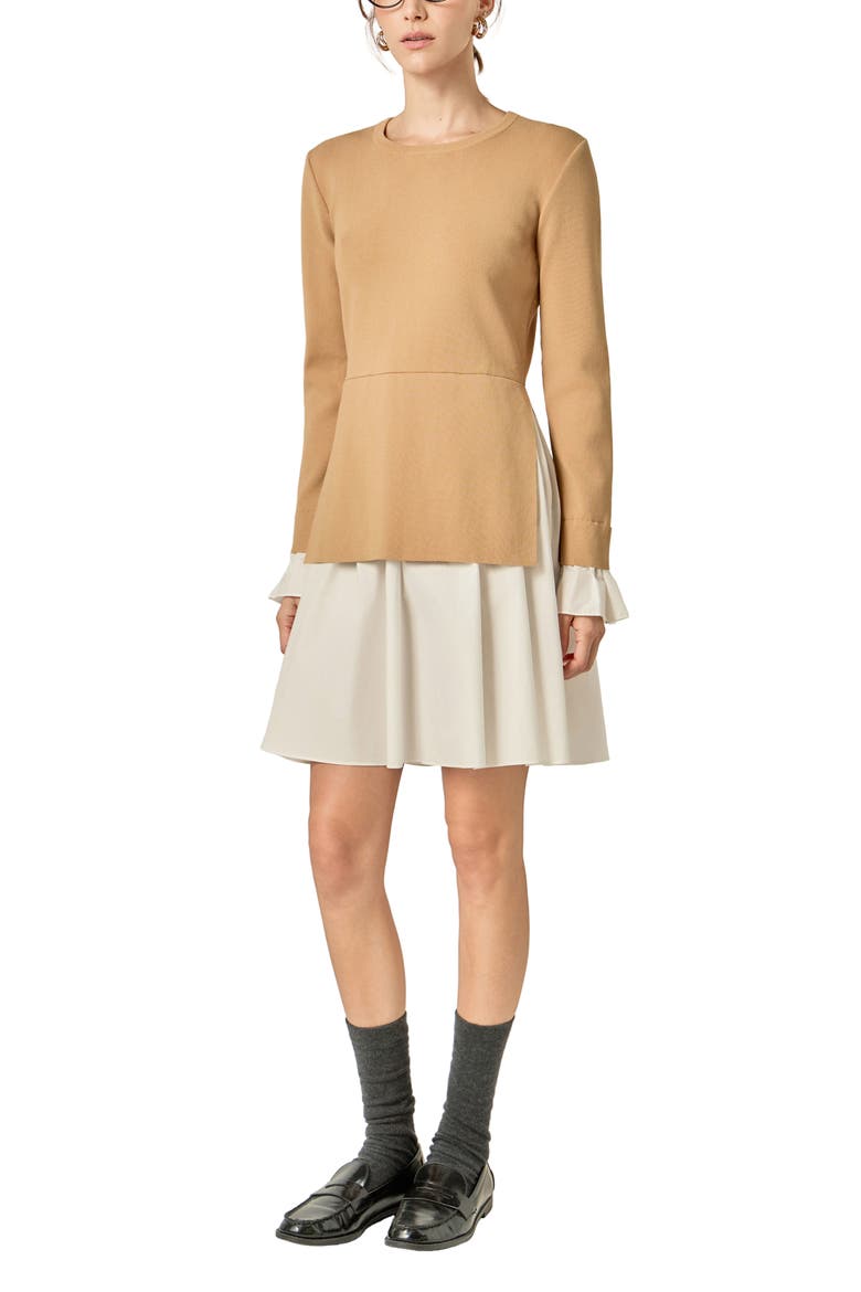 Combo Knit & Poplin Dress, Alternate, color, TAN/ WHITE