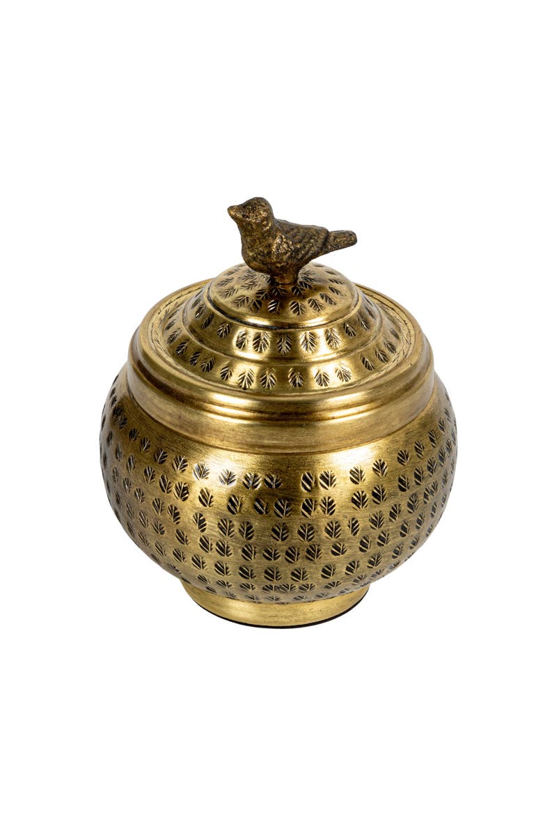 Storied Home Round Hammered Metal Container with Bird Finial, Brass Finish, Main, color, Brass