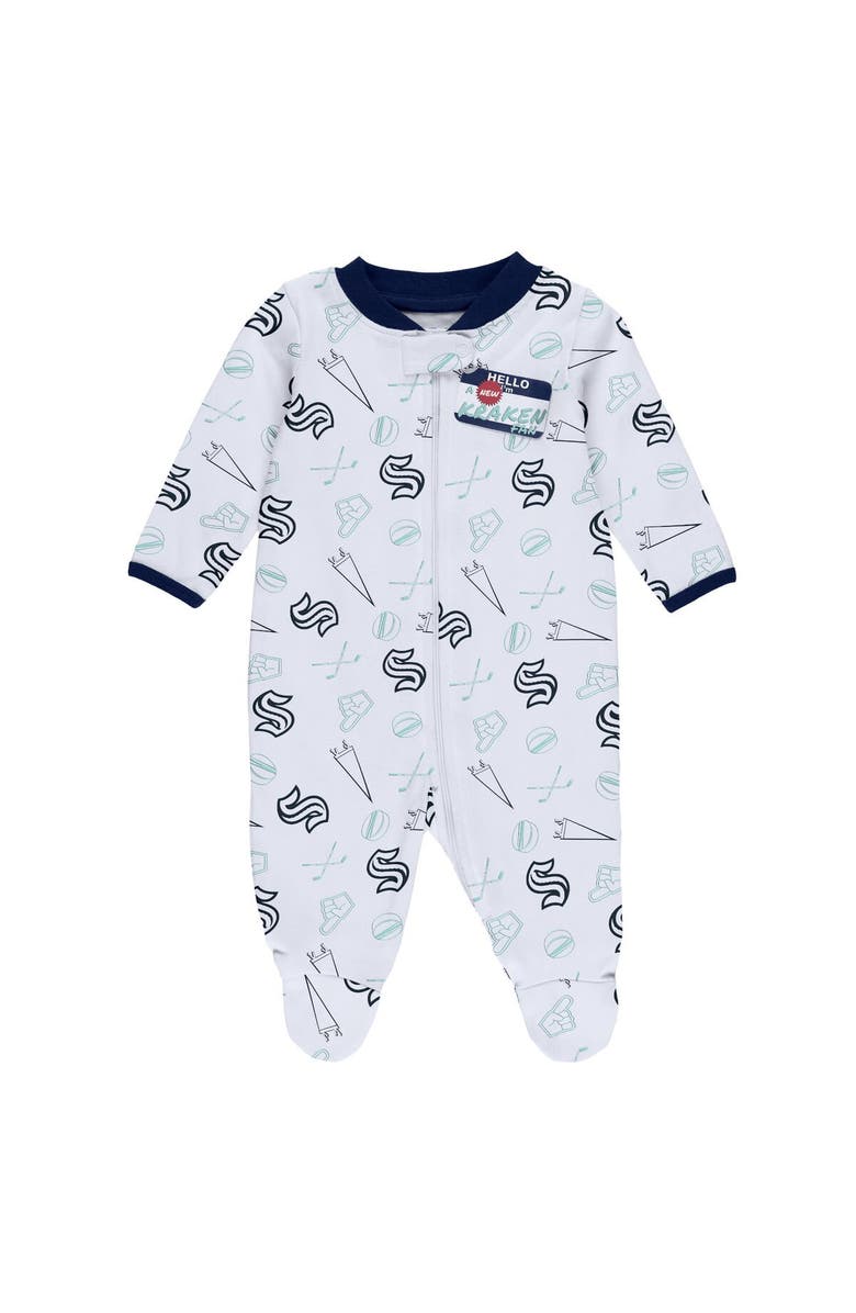 WEAR by Erin Andrews Newborn & Infant WEAR by Erin Andrews White Seattle Kraken Sleep & Play Full-Zip Footed Jumper with Bib, Alternate, color, Navy