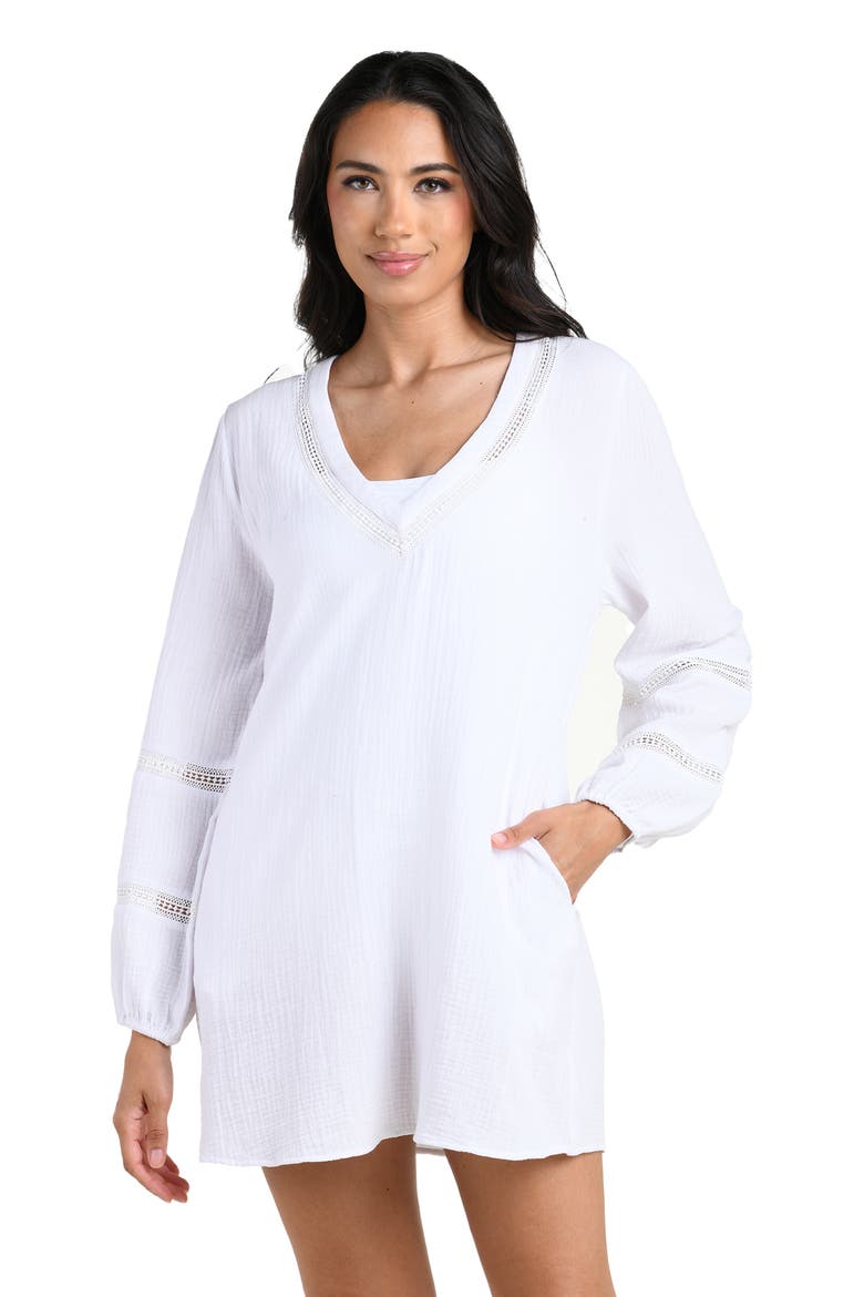Seaside Lace Inset Long Sleeve Cotton Cover-Up Dress, Alternate, color, WHITE