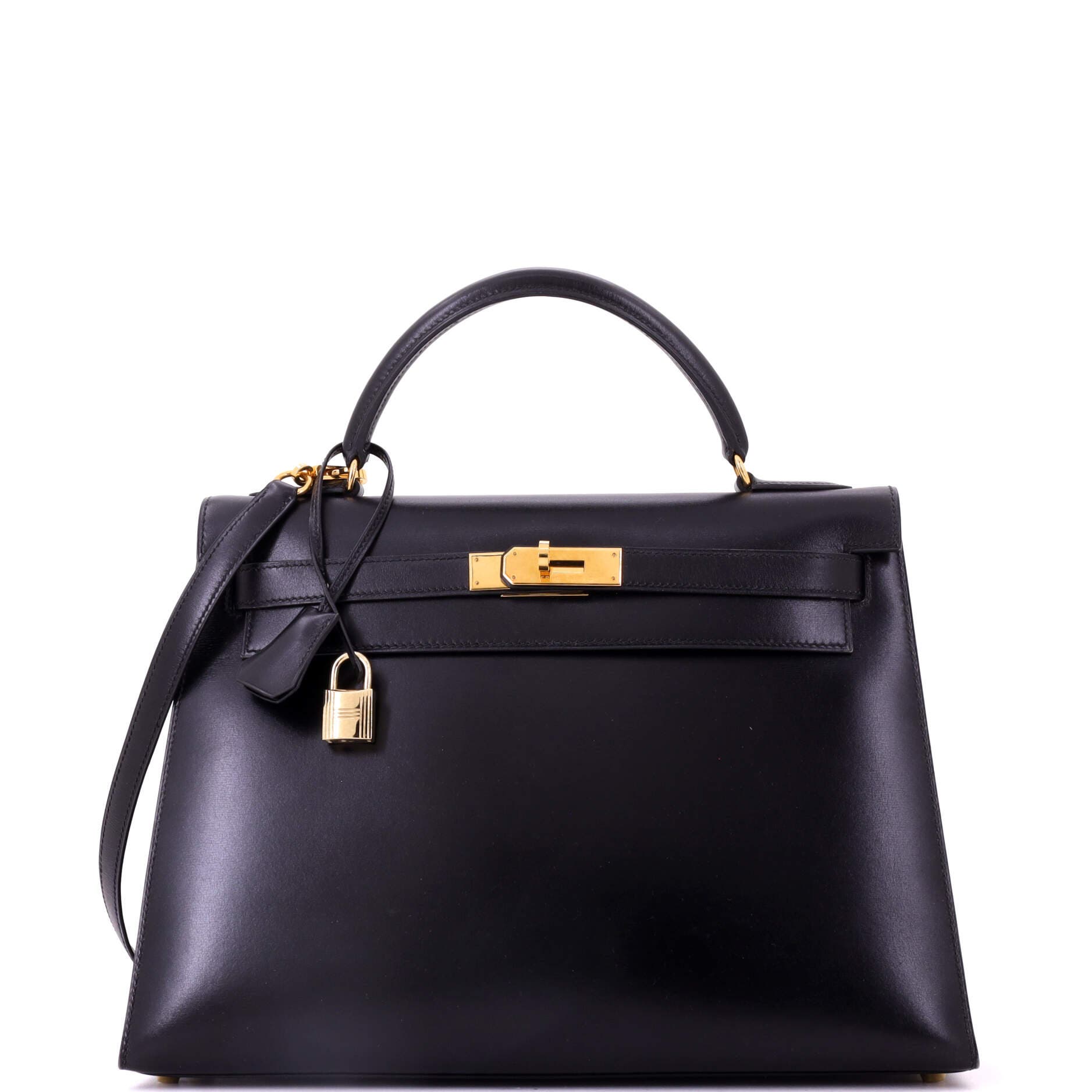 Pre-Owned Hermes Kelly Handbag Black Box Calf with Gold Hardware 32, Main, color, Noir