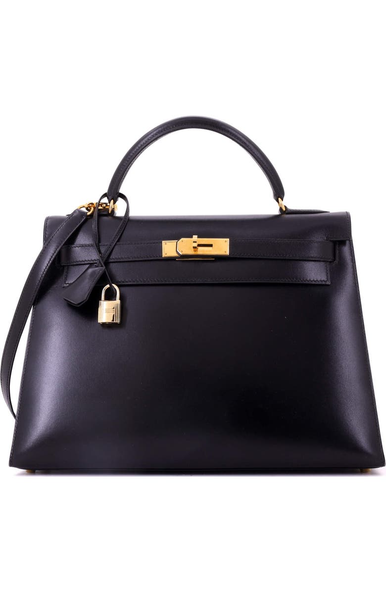 Pre-Owned Hermes Kelly Handbag Black Box Calf with Gold Hardware 32, Main, color, Noir