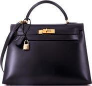 Pre-Owned Hermes Kelly Handbag Black Box Calf with Gold Hardware 32