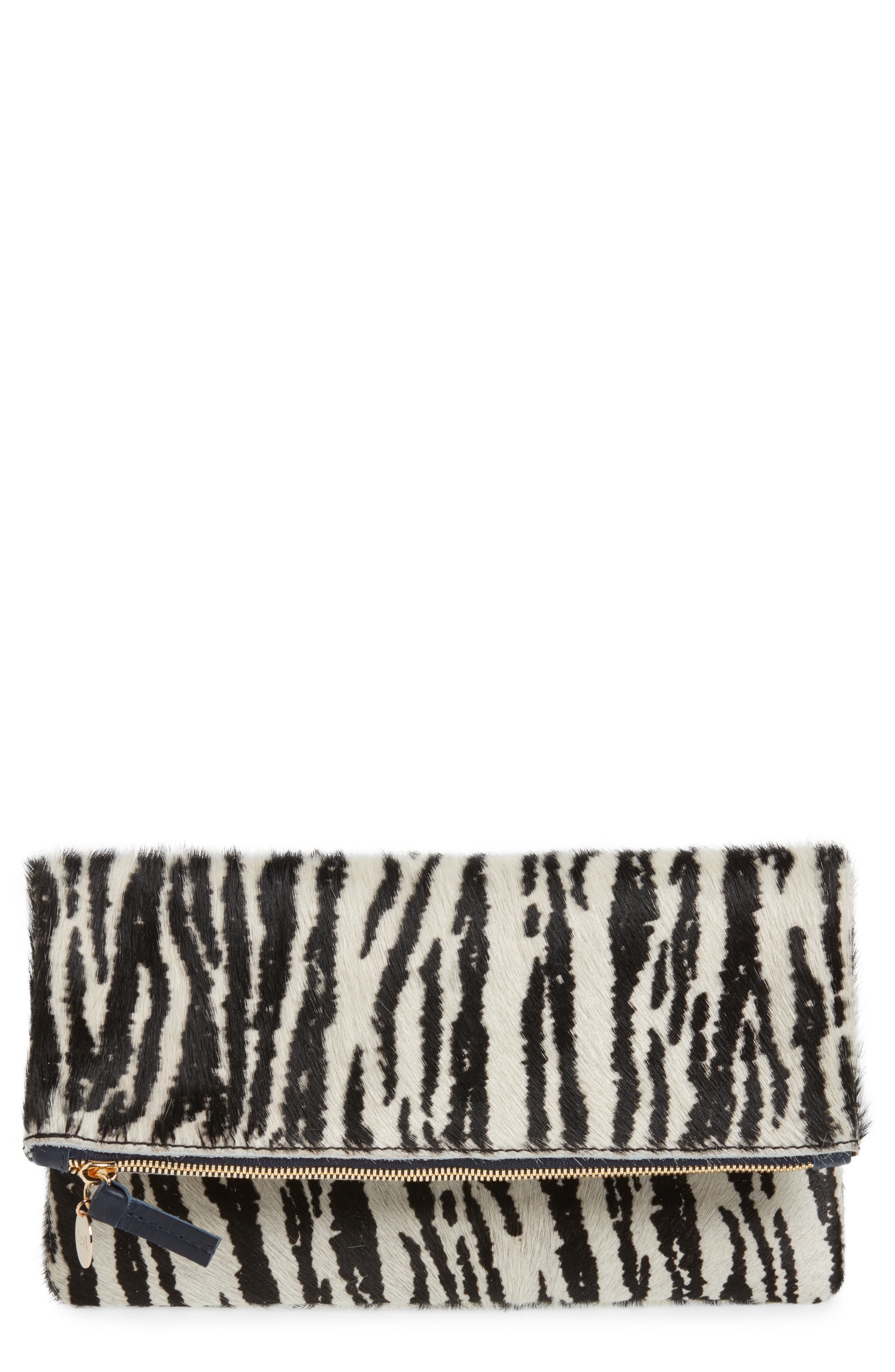 Zebra Print Genuine Calf Hair Foldover Clutch, Main, color, ZEBRA HAIR ON