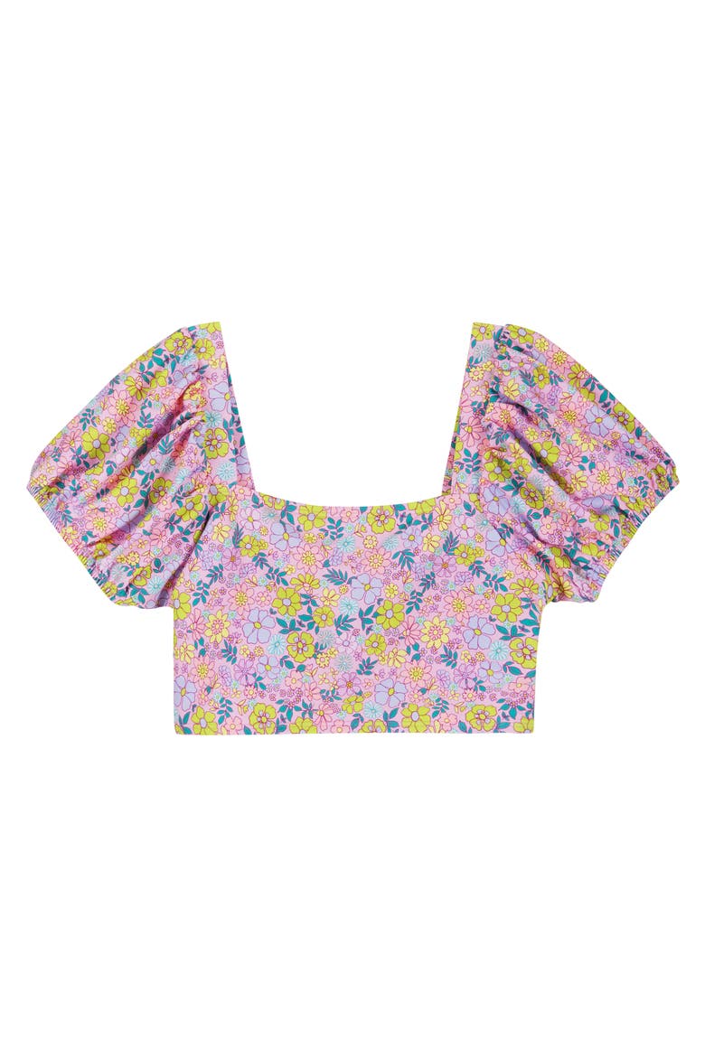 Kids' Floral Puff Sleeve Two-Piece Swimsuit, Alternate, color, PURPLE FLORAL