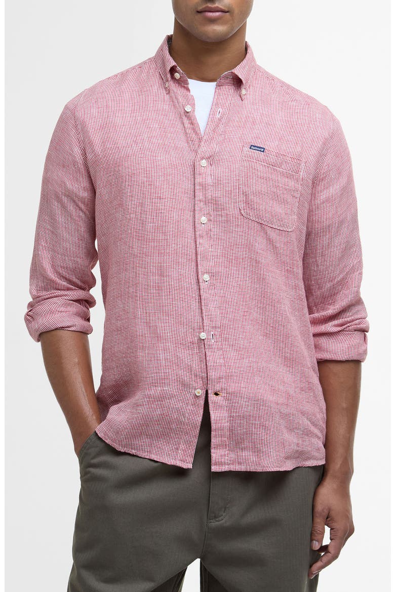 Linton Regular Fit Microcheck Linen Button-Down Shirt, Main, color, RED SPICE