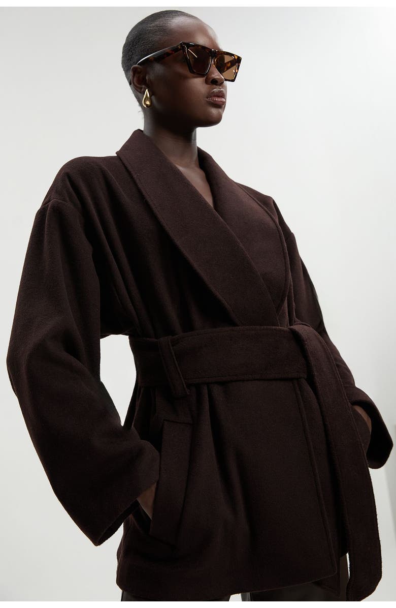 Karen Millen Brushed Wool Wrap Short Coat, Alternate, color, Chocolate