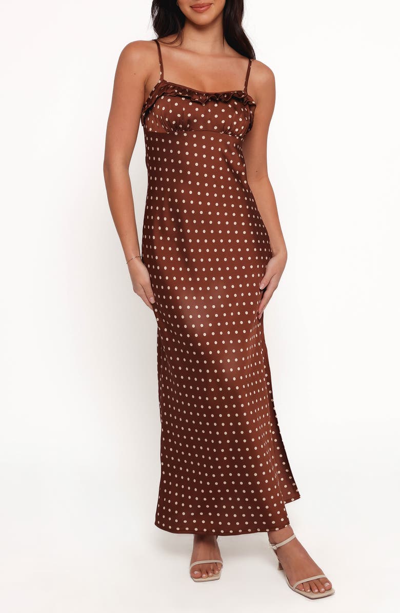 Petal & Pup Dara Polka Dot Satin Maxi Dress, Main, color, Brown Polka Dot