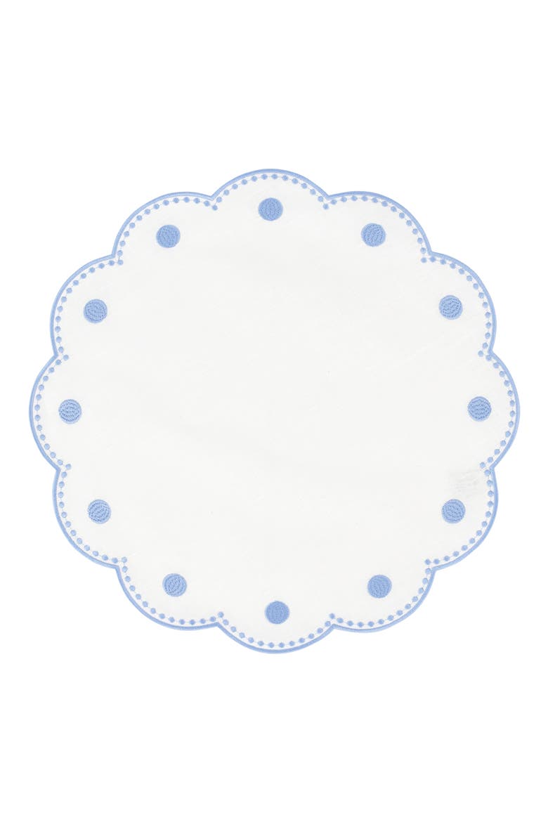 Tessuti Set of 4 Round White Linen Placemats with Blue Dot Embroidery, Main, color, BLUE
