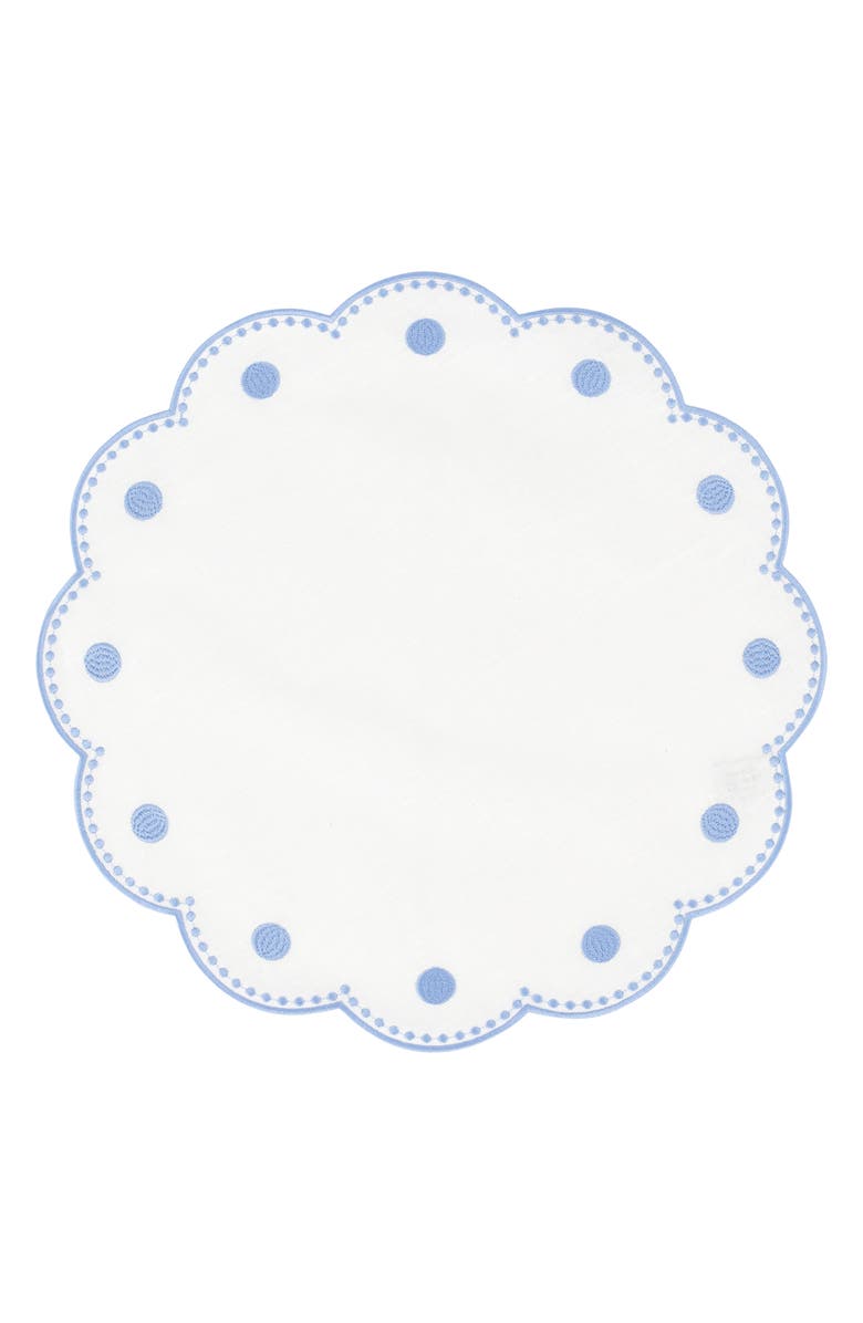 VIETRI Tessuti Set of 4 Round White Linen Placemats with Blue Dot Embroidery, Main, color, Blue