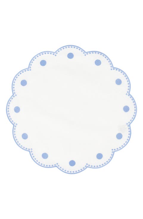 Tessuti Set of 4 Round White Linen Placemats with Blue Dot Embroidery