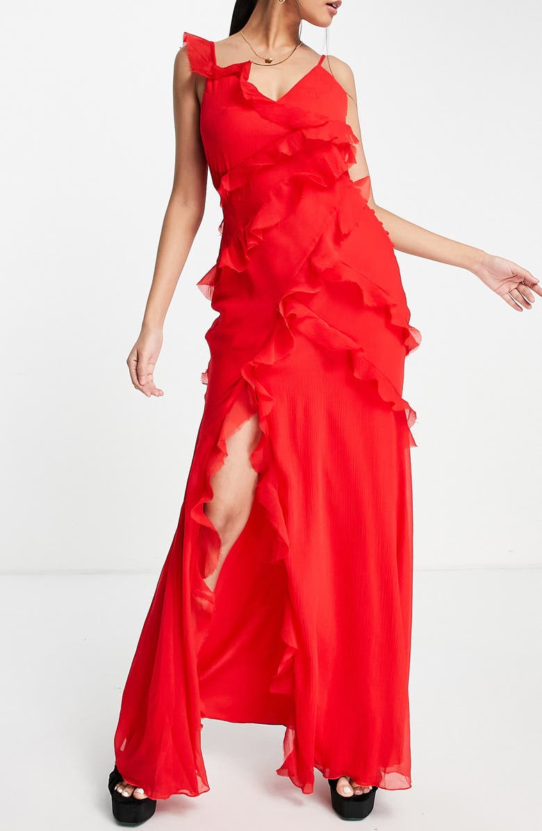 ASOS DESIGN Ruffle Plissé Chiffon Lace-Up Back Maxi Dress, Alternate, color,