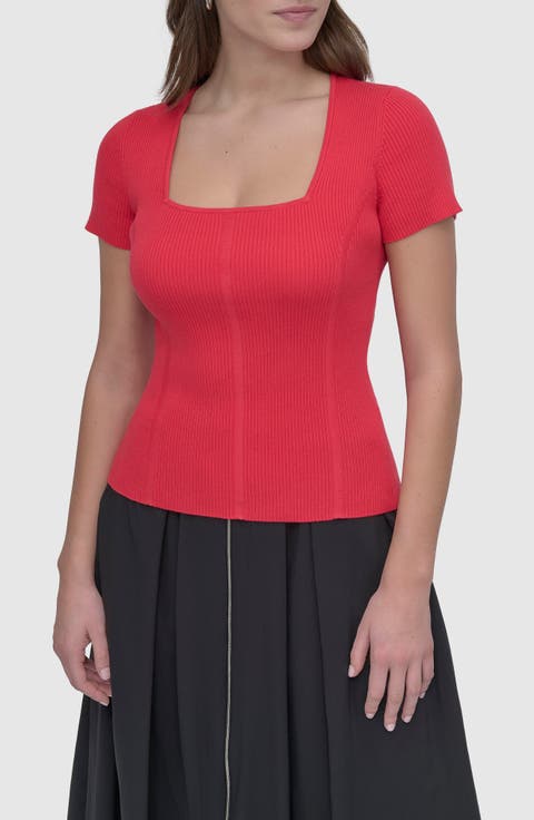 Square Neck Short Sleeve Cotton Blend Sweater