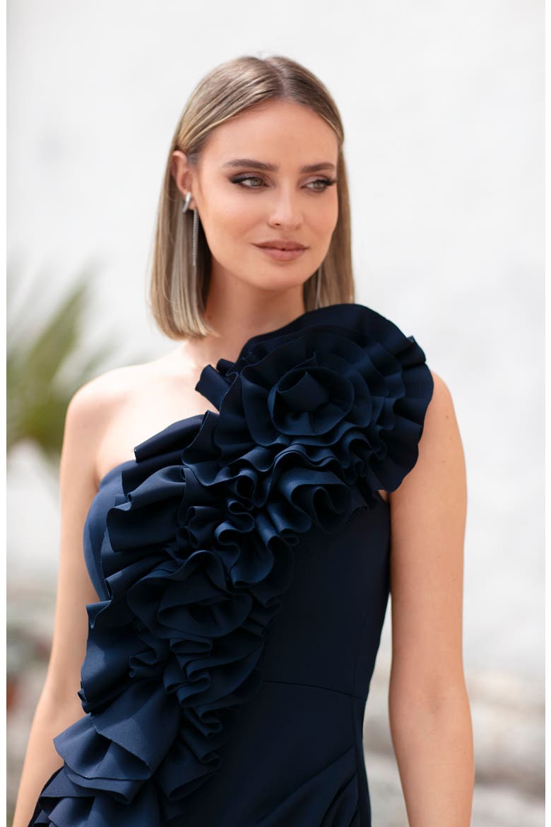 3D Flower Scuba Knit One-Shoulder Sheath Dress, Alternate, color, NAVY