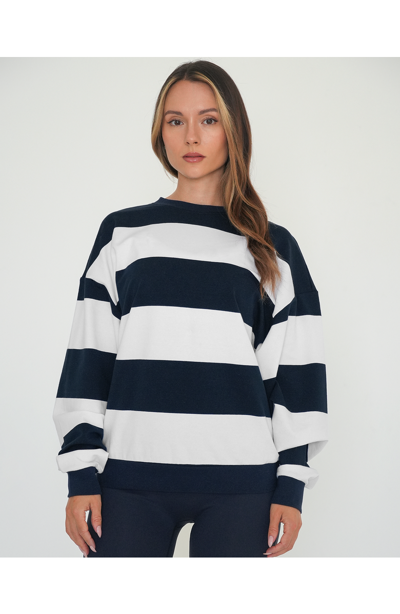 Rebody Active Rugby Stripe Relaxed Sweatshirt, Main, color, Navy/White