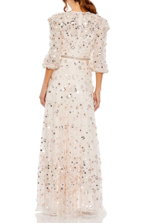 Mac Duggal Floral Applique Puff Sleeve High Neck A-line Gown In Blush