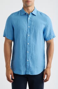 Bugatchi Orson Shaped Fit Short Sleeve Linen Button-Up Shirt
