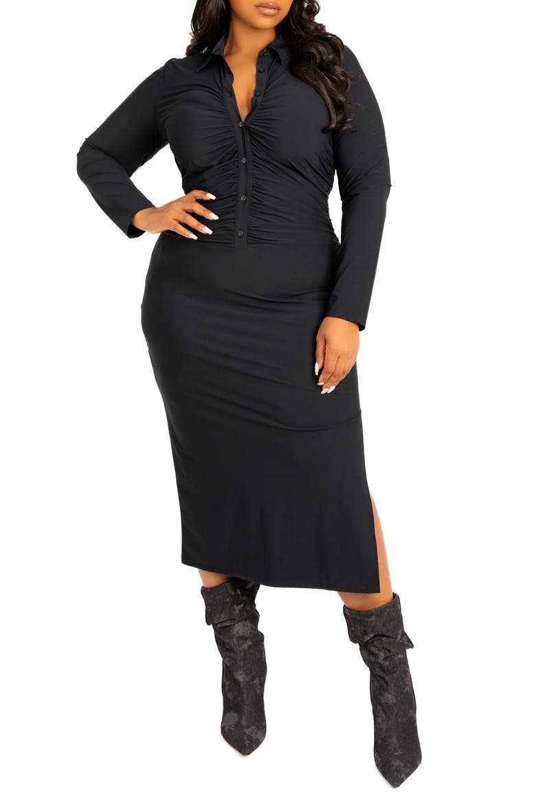 Ruched Long Sleeve Body-Con Shirtdress, Alternate, color, BLACK
