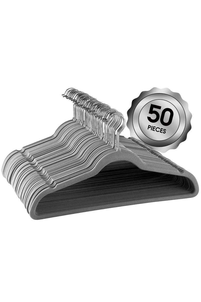 50 Piece Flocked Velvet Clothes Hangers with Stainless Steel Swivel Hooks, Main, color, Grey