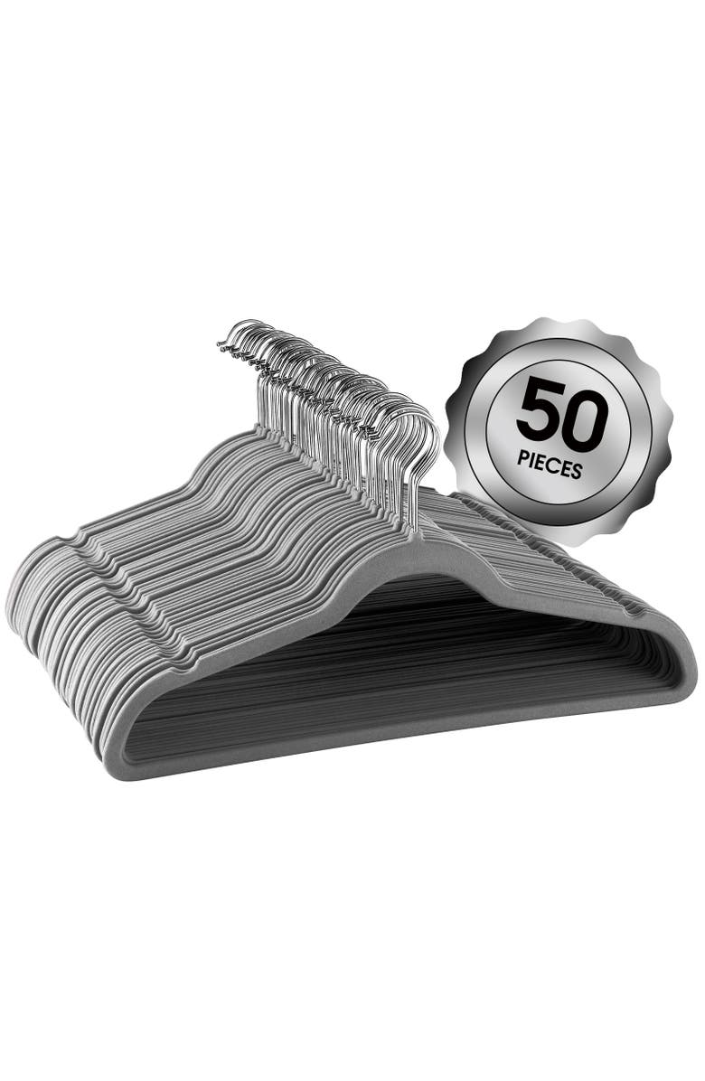 Elama Home 50 Piece Flocked Velvet Clothes Hangers with Stainless Steel Swivel Hooks, Main, color, Grey