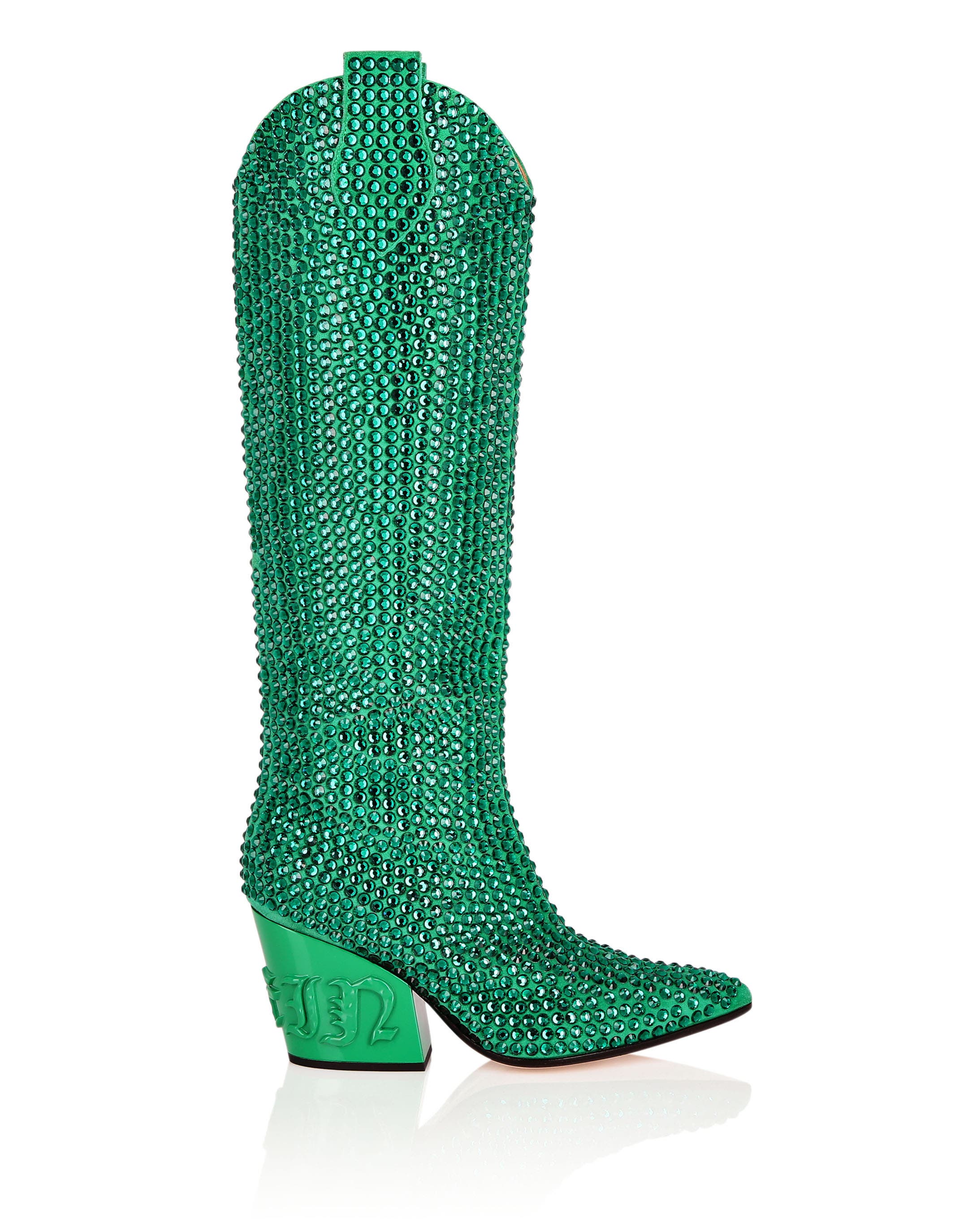PHILIPP PLEIN Cowboy Boots Mid Heels High Crystal Women, Alternate, color, Green