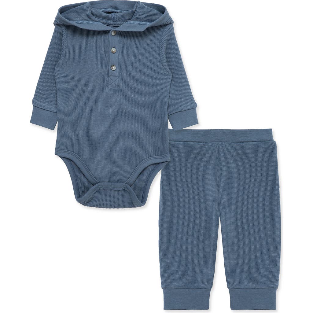 Little Me Waffle Hooded Bodysuit & Pants Set In Blue