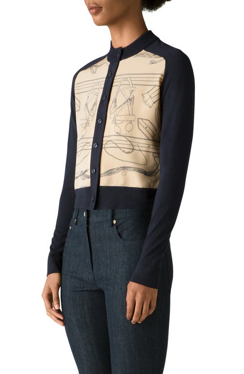 St John St. John Collection Equestrian Print Crêpe De Chine Inset Wool Cardigan In Multi
