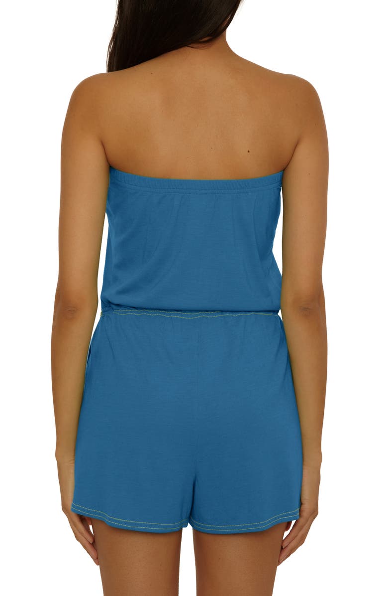 Lucky Brand Laguna Tie Waist Strapless Cover-Up Romper, Alternate, color, Peacock