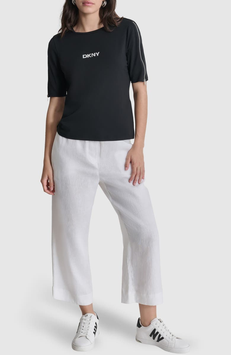 DKNY Logo Zip Elbow Sleeve Stretch T-Shirt, Alternate, color, 