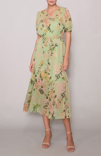 MELLODAY Puff Sleeve Tiered Midi Dress in Sage Multi at Nordstrom Rack, Size Small