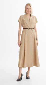 Gizia Brown Belted Flounce Dress