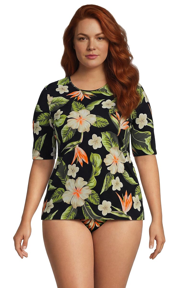 Lands' End SunShade UPF 50 Elbow Sleeve Rash Guard Swim Tee, Main, color, Hibiscus Floral/Black