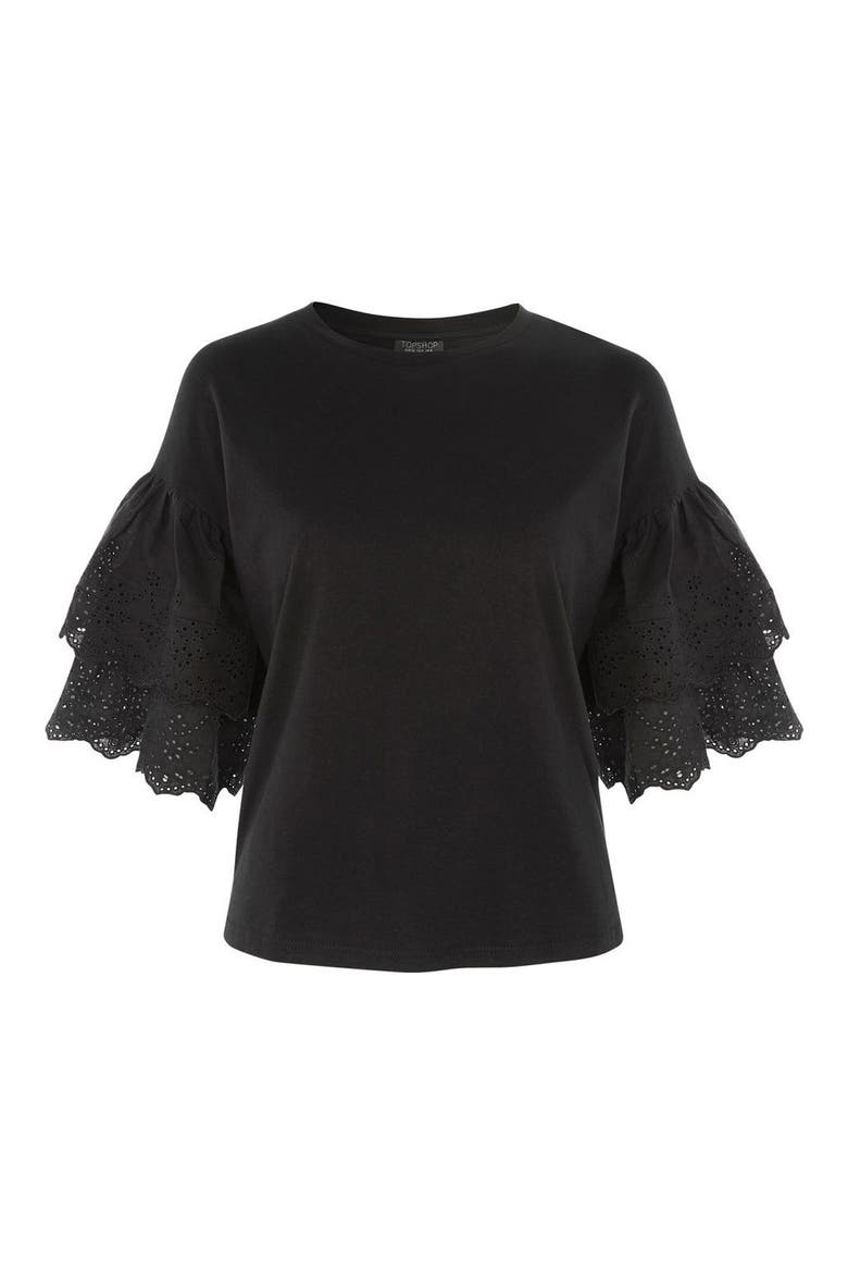 Eyelet Layer Sleeve Tee T-Shirt, Alternate, color, BLACK