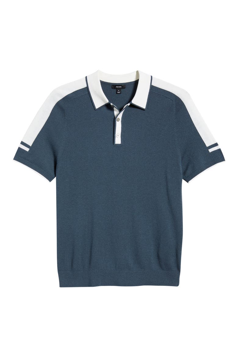Brunswick Intarsia Stripe Wool & Cotton Polo Sweater, Alternate, color, STEEL BLUE/ WHITE
